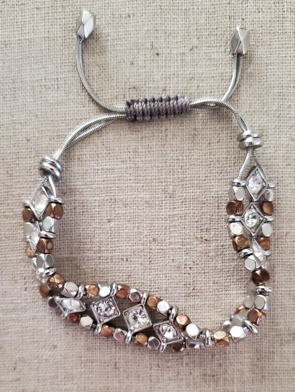White House Black Market Mixed Metal Crystal Beaded Silver Slider Bracelet OS